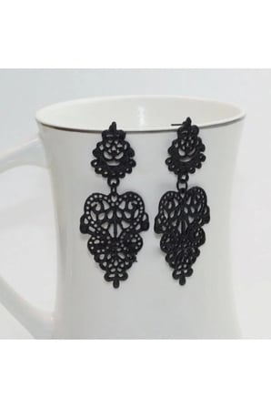 Siyah Dantel Filigran Vintage Sallantılı Küpe - Kararmaz Antialerjik Solmaz Şık Hediyelik Yeni Sezon Kadın Küpe