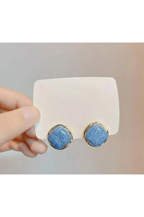 Mavi Gri Kare Taşlı Çivili Küpe - Vintage Kararmaz Antialerjik Solmaz Şık Hediyelik Yeni Sezon Trend Kadın Küpe