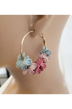 Pembe Kumaş Çiçek Altın Halka Küpe Bijuteri Modern Antialerjik Kadın Küpe Hediyelik Vintage