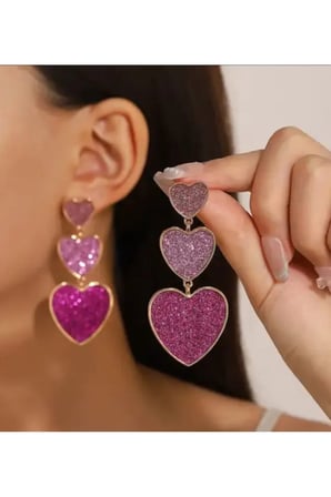 Mor Simli Üçlü Kalp Ombre Sallantılı Küpe - Sevimli Kararmaz Antialerjik Vintage Solmaz Şık Hediyelik Yeni Sezon Kadın Küpe