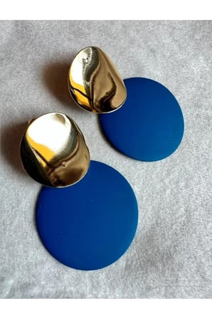 Gold Mavi Daire Disk Sallantılı Küpe - Modern Kararmaz Antialerjik Solmaz Şık Hediyelik Yeni Sezon Trend Kadın Küpe