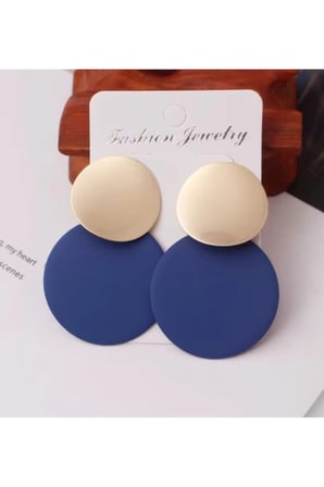 Gold Mavi Daire Disk Sallantılı Küpe - Modern Kararmaz Antialerjik Solmaz Şık Hediyelik Yeni Sezon Trend Kadın Küpe