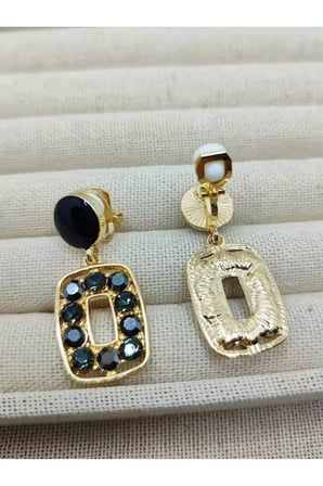 Siyah Taşlı Gold Çerçeve Sallantılı Küpe - Vintage Kararmaz Antialerjik Solmaz Şık Hediyelik Yeni Sezon Kadın Küpe