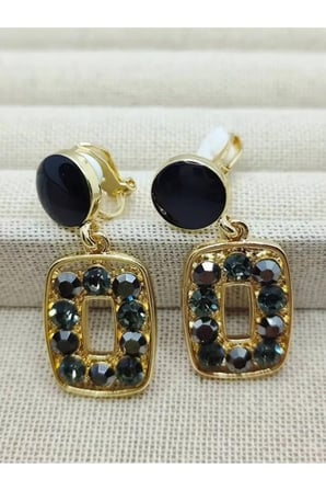 Siyah Taşlı Gold Çerçeve Sallantılı Küpe - Vintage Kararmaz Antialerjik Solmaz Şık Hediyelik Yeni Sezon Kadın Küpe