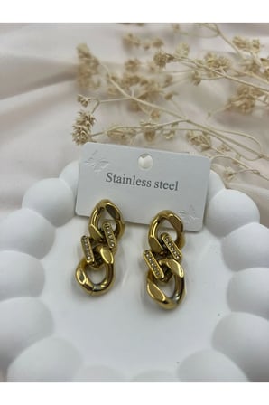Çelik Gold Taşlı Zincir Küpe – Zirkon Taşlı Kararmaz Halka Tasarım