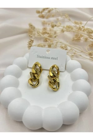 Çelik Gold Taşlı Zincir Küpe – Zirkon Taşlı Kararmaz Halka Tasarım