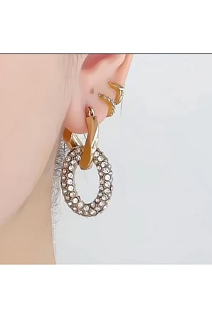 Altın Zirkon Oval Çift Halka Sallantılı Küpe - Modern Kararmaz Antialerjik Canlı Renk Solmaz Şık Hediyelik Trend Kadın Küpe