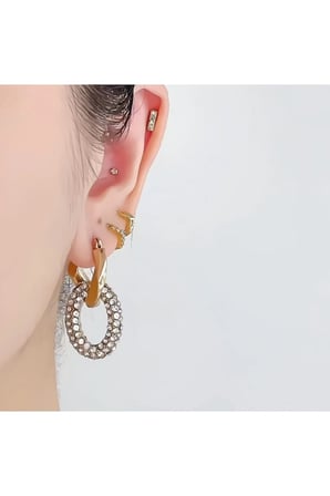 Altın Zirkon Oval Çift Halka Sallantılı Küpe - Modern Kararmaz Antialerjik Canlı Renk Solmaz Şık Hediyelik Trend Kadın Küpe