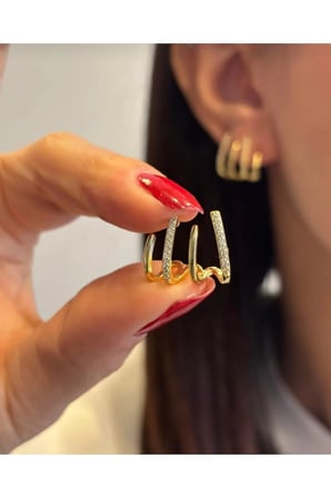 Altın Zirkon Üçlü Çizgi Ear Cuff Küpe - Modern Kararmaz Antialerjik Solmaz Şık Hediyelik Yeni Sezon Kadın Küpe