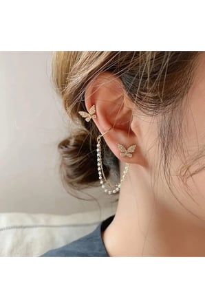 Altın Zirkon Taşlı Kelebek İnci Zincir Ear Cuff Küpe - Modern Kararmaz Antialerjik Canlı Renk Solmaz Şık Hediyelik Trend Kadın Küpe