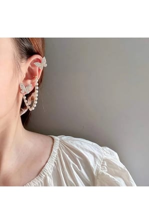 Altın Zirkon Taşlı Kelebek İnci Zincir Ear Cuff Küpe - Modern Kararmaz Antialerjik Canlı Renk Solmaz Şık Hediyelik Trend Kadın Küpe