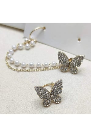 Altın Zirkon Taşlı Kelebek İnci Zincir Ear Cuff Küpe - Modern Kararmaz Antialerjik Canlı Renk Solmaz Şık Hediyelik Trend Kadın Küpe