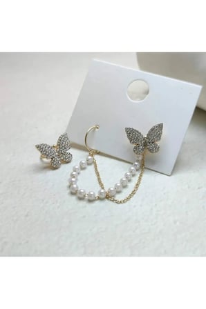 Altın Zirkon Taşlı Kelebek İnci Zincir Ear Cuff Küpe - Modern Kararmaz Antialerjik Canlı Renk Solmaz Şık Hediyelik Trend Kadın Küpe
