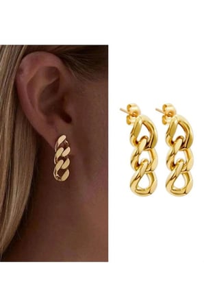 14K Altın Kaplama Zincir Gurmet Halka Sallantılı Küpe - Modern Kararmaz Antialerjik Vintage Solmaz Şık Hediyelik Yeni Sezon Kadın Küpe