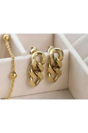 14K Altın Kaplama Zincir Gurmet Halka Sallantılı Küpe - Modern Kararmaz Antialerjik Vintage Solmaz Şık Hediyelik Yeni Sezon Kadın Küpe