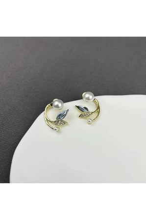 14K Altın Kaplama Zirkon ve İnci Taşlı Yaprak Ear Climber and Cuff Küpe - Vintage Kararmaz Antialerjik Solmaz Şık Hediyelik Yeni Sezon Trend Kadın Küpe