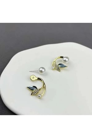 14K Altın Kaplama Zirkon ve İnci Taşlı Yaprak Ear Climber and Cuff Küpe - Vintage Kararmaz Antialerjik Solmaz Şık Hediyelik Yeni Sezon Trend Kadın Küpe