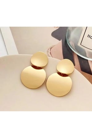 18K Altın Kaplama Çift Daire Disk Sallantılı Küpe - Modern Kararmaz Antialerjik Klasik Canlı Renk Solmaz Şık Hediyelik Yeni Sezon Vintage Kadın Küpe