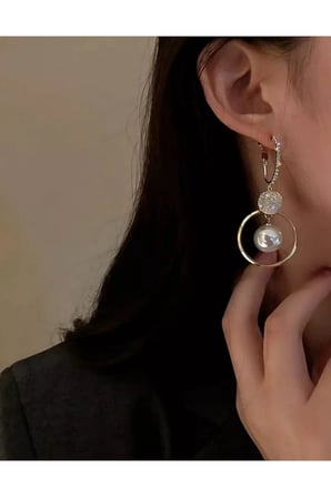 14K Altın Kaplama Zirkon Disk İnci Halka Sallantılı Küpe - Vintage Zarif Kararmaz Antialerjik Klasik Renk Solmaz Şık Hediyelik Trend Kadın Küpe