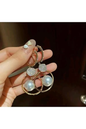 14K Altın Kaplama Zirkon Disk İnci Halka Sallantılı Küpe - Vintage Zarif Kararmaz Antialerjik Klasik Renk Solmaz Şık Hediyelik Trend Kadın Küpe