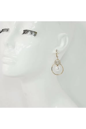 14K Altın Kaplama Zirkon Disk İnci Halka Sallantılı Küpe - Vintage Zarif Kararmaz Antialerjik Klasik Renk Solmaz Şık Hediyelik Trend Kadın Küpe
