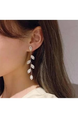 925 Ayar Gümüş Kaplama Kristal Marquise Yaprak Asma Dalı Uzun Statement Küpe - Vintage Gösterişli Kararmaz Antialerjik Zirkon Solmaz Şık Kadın Küpe