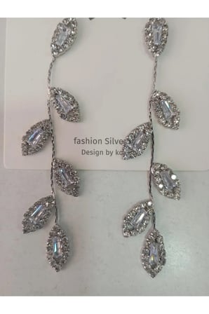 925 Ayar Gümüş Kaplama Kristal Marquise Yaprak Asma Dalı Uzun Statement Küpe - Vintage Gösterişli Kararmaz Antialerjik Zirkon Solmaz Şık Kadın Küpe