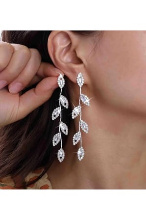 925 Ayar Gümüş Kaplama Kristal Marquise Yaprak Asma Dalı Uzun Statement Küpe - Vintage Gösterişli Kararmaz Antialerjik Zirkon Solmaz Şık Kadın Küpe