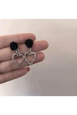 925 Ayar Gümüş Kaplama Kalp Kontur Siyah Sallantılı Küpe - Modern Kararmaz Antialerjik Solmaz Şık Hediyelik Yeni Sezon Vintage Kadın Küpe