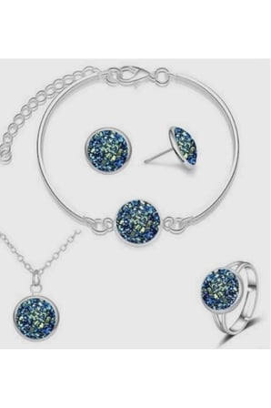 Mavi Druzy Taşlı 4'lü Vintage Takı Seti - Gümüş Kolye Küpe Bileklik Yüzük Kararmaz Kadın Set