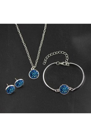 Mavi Druzy Taşlı 4'lü Vintage Takı Seti - Gümüş Kolye Küpe Bileklik Yüzük Kararmaz Kadın Set