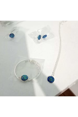 Mavi Druzy Taşlı 4'lü Vintage Takı Seti - Gümüş Kolye Küpe Bileklik Yüzük Kararmaz Kadın Set