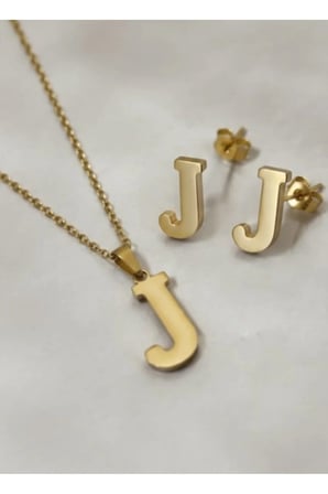 J harfi 14K Gold Çelik Harf Kolye Küpe Takı Seti - İsim Baş Harfi Kişiye Özel Kararmaz Antialerjik Kadın Set
