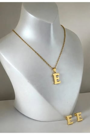 E Harfi 14K Gold Çelik Harf Kolye Küpe Takı Seti - İsim Baş Harfi Kişiye Özel Kararmaz Kadın Set