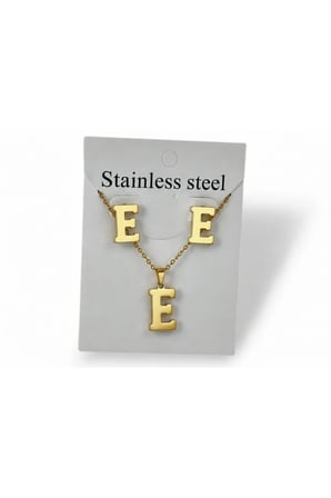 E Harfi 14K Gold Çelik Harf Kolye Küpe Takı Seti - İsim Baş Harfi Kişiye Özel Kararmaz Kadın Set