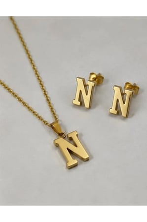 N Harfi 14K Gold Çelik Harf Kolye Küpe Takı Seti - İsim Baş Harfi Kişiye Özel Kararmaz Antialerjik Kadın Set