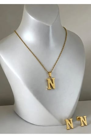 N Harfi 14K Gold Çelik Harf Kolye Küpe Takı Seti - İsim Baş Harfi Kişiye Özel Kararmaz Antialerjik Kadın Set