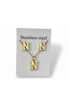 N Harfi 14K Gold Çelik Harf Kolye Küpe Takı Seti - İsim Baş Harfi Kişiye Özel Kararmaz Antialerjik Kadın Set