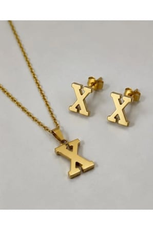 X Harfi 14K Gold Çelik Harf Kolye Küpe Takı Seti - İsim Baş Harfi Kişiye Özel Kararmaz Kadın Set