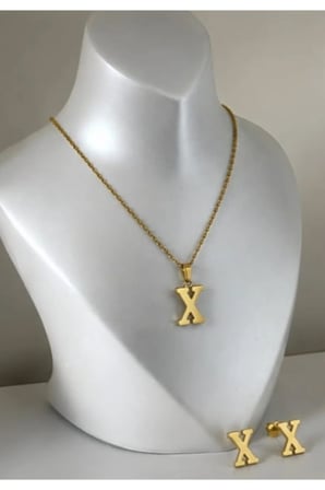 X Harfi 14K Gold Çelik Harf Kolye Küpe Takı Seti - İsim Baş Harfi Kişiye Özel Kararmaz Kadın Set
