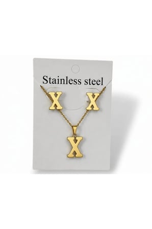 X Harfi 14K Gold Çelik Harf Kolye Küpe Takı Seti - İsim Baş Harfi Kişiye Özel Kararmaz Kadın Set