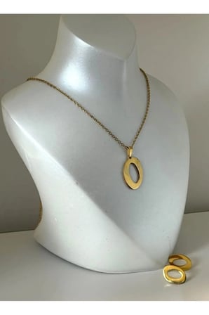 O Harfi 14K Gold Çelik Oval Halka Kolye Küpe Takı Seti - Kararmaz Antialerjik Minimal Geometrik Kadın Set