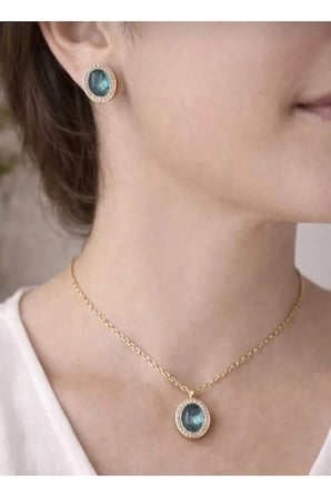 14K Gold Çelik Oval Halo Taşlı Kolye Küpe Takı Seti - Mavi Yeşil Doğal Taş Görünümlü Kararmaz Kadın Set
