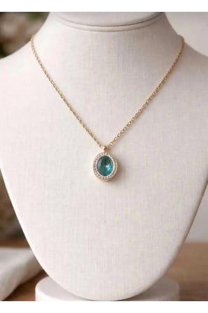 14K Gold Çelik Oval Halo Taşlı Kolye Küpe Takı Seti - Mavi Yeşil Doğal Taş Görünümlü Kararmaz Kadın Set