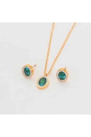 14K Gold Çelik Oval Halo Taşlı Kolye Küpe Takı Seti - Mavi Yeşil Doğal Taş Görünümlü Kararmaz Kadın Set