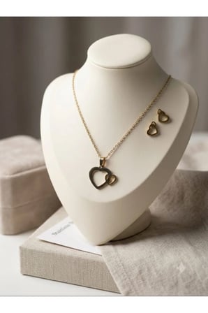 14K Gold Çelik İç İçe Çift Kalp Kolye Küpe Takı Seti - Kararmaz Romantik Sevgili Kadın Set