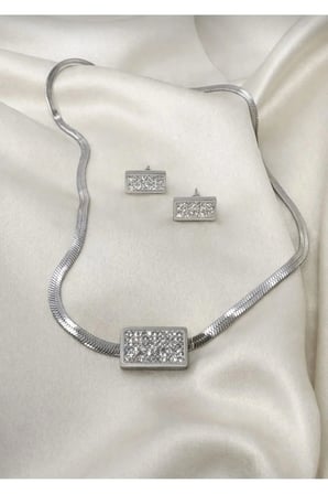 Gümüş Yılan Zincir Taşlı Kolye Küpe Vintage Takı Seti - Zirkon Pavé Kararmaz Çelik Şık Davet Kadın Set
