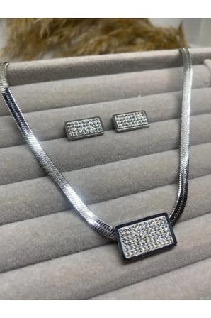 Gümüş Yılan Zincir Taşlı Kolye Küpe Vintage Takı Seti - Zirkon Pavé Kararmaz Çelik Şık Davet Kadın Set