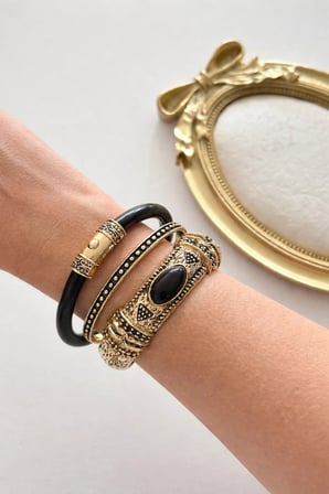 Antik Gold Etnik Kelepçe Taşlı Bohem Bilezik Seti-Çelik Antialerjik VIP Vintage Bileklik Set