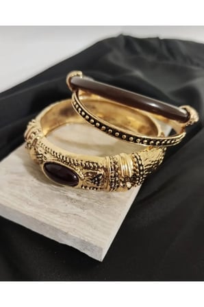 Antik Gold Etnik Kelepçe Taşlı Bohem Bilezik Seti-Çelik Antialerjik VIP Vintage Bileklik Set